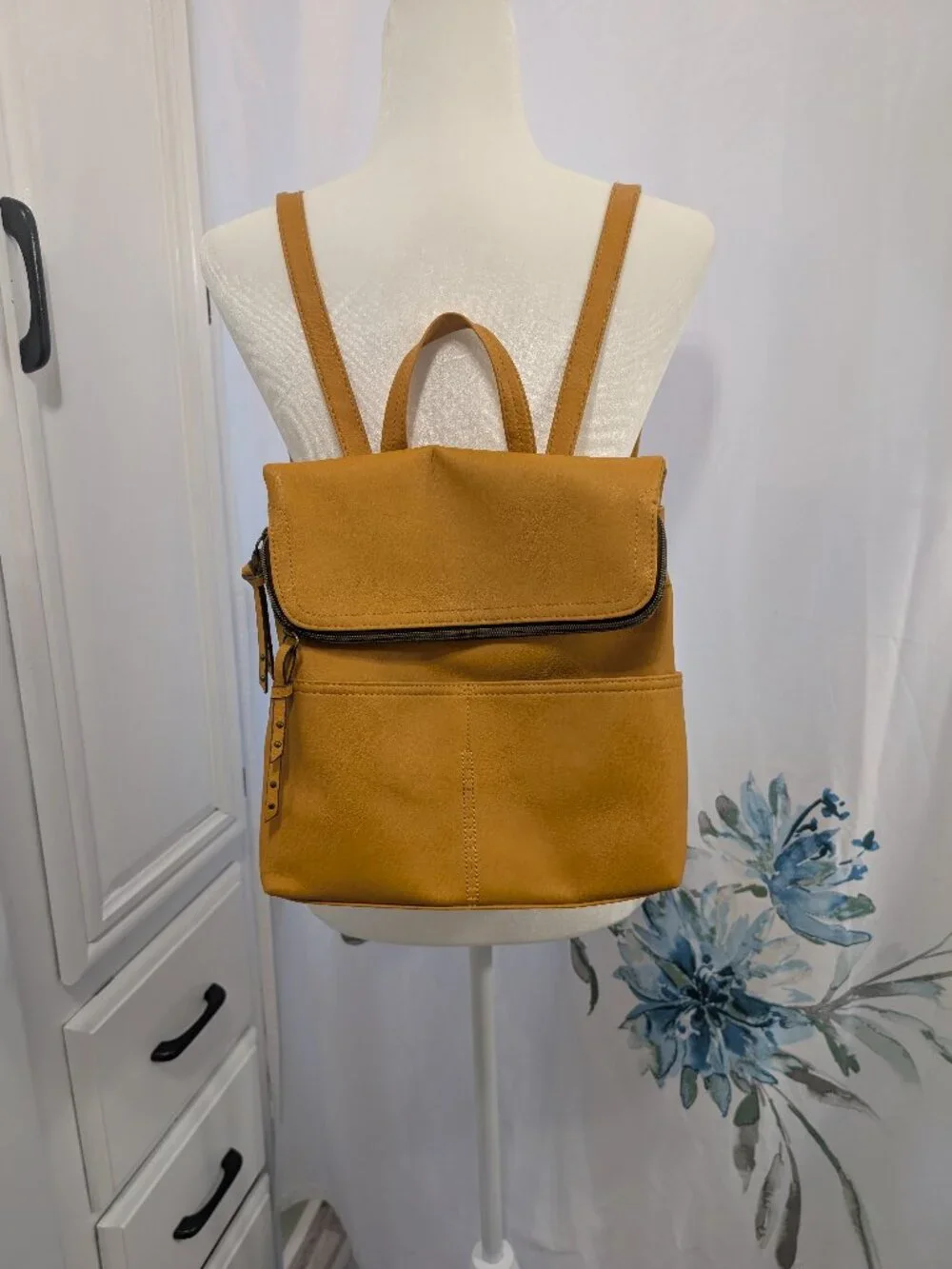 Mustard Yellow Small Backpack Purse Slip and Zippered Pockets
